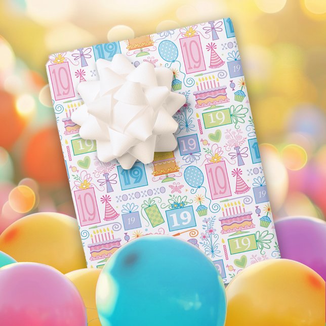 19th Birthday Pastel Pink Cake Presents Balloons Wrapping Paper Sheet (Creator Uploaded)