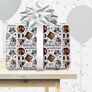 19th Birthday Photo Collage Black White Wrapping Paper