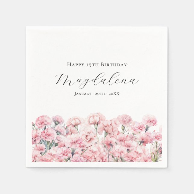 19th Birthday Pink Carnation January Birth Flower Napkin (Front)