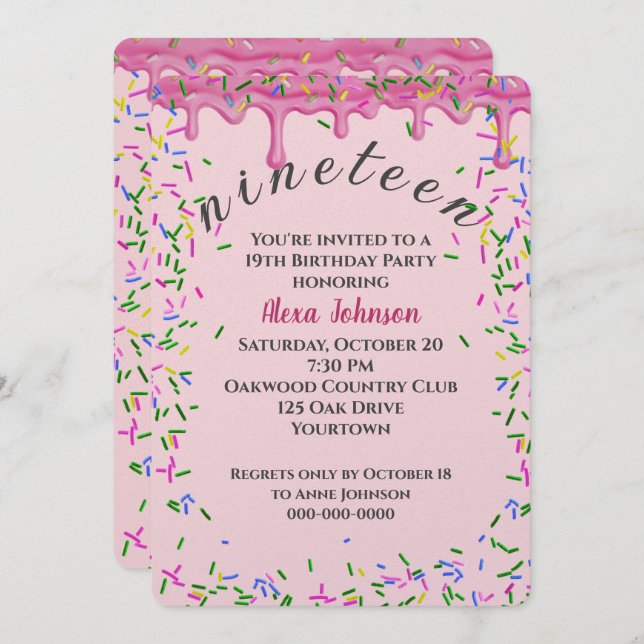 19th Birthday Pink Icing And Sprinkles Invitation (Front/Back)