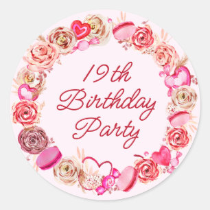 19th Birthday Pink Rose Swirly Heart Envelope Classic Round Sticker