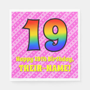19th Birthday: Pink Stripes & Hearts, Rainbow # 19 Napkin