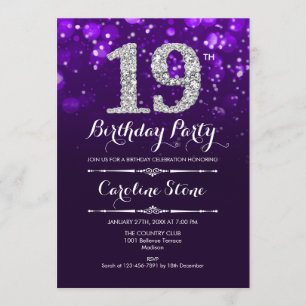 19th Birthday - Purple Silver Invitation