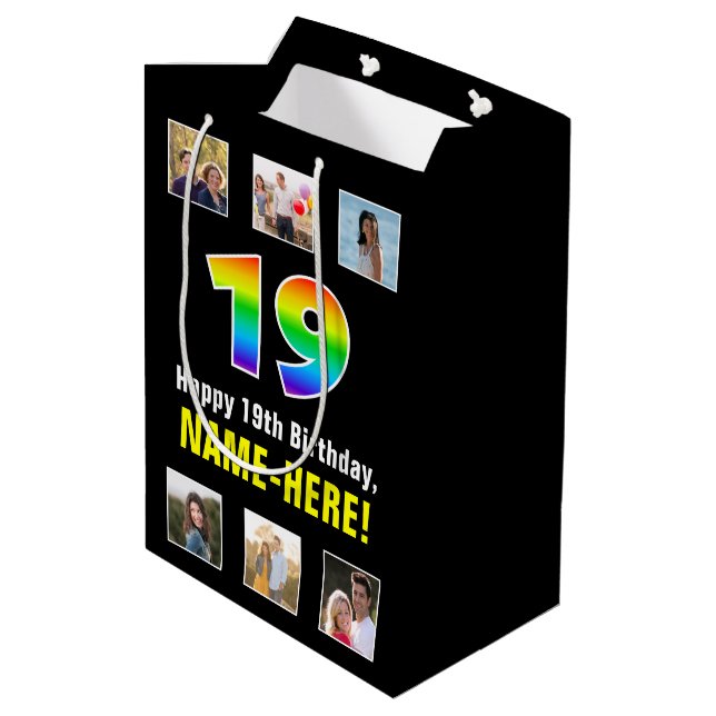 19th Birthday: Rainbow “19“, Custom Photos & Name Medium Gift Bag (Back Angled)
