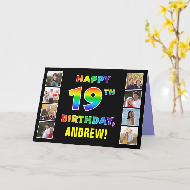 19th Birthday: Rainbow Text, Custom Photos & Name Card (Yellow Flower)