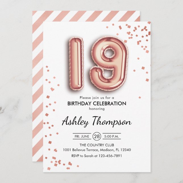 19th Birthday - Rose Gold Balloons Invitation (Front/Back)