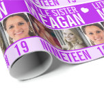 19th birthday three photos purple little sister wrapping paper<br><div class="desc">Graphic purple,  and white with a little white heart nineteen daughter birthday wrapping paper. Bright graphic birthday wrap with three placeholders for your own photos and to customise with your own name,  age,  and inside message. A matching birthday card is also available. Unique design by Sarah Trett for www.mylittleeden.com</div>