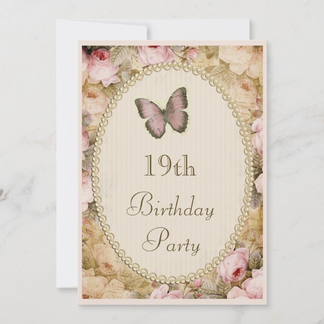 19th Birthday Vintage Roses Butterfly, Music Notes Invitation (Front)