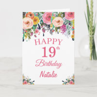 19th Birthday Watercolor Floral Flowers Pink Card