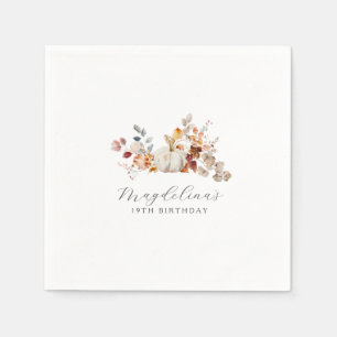 19th Birthday White Pumpkin Fall Flowers Custom Napkin