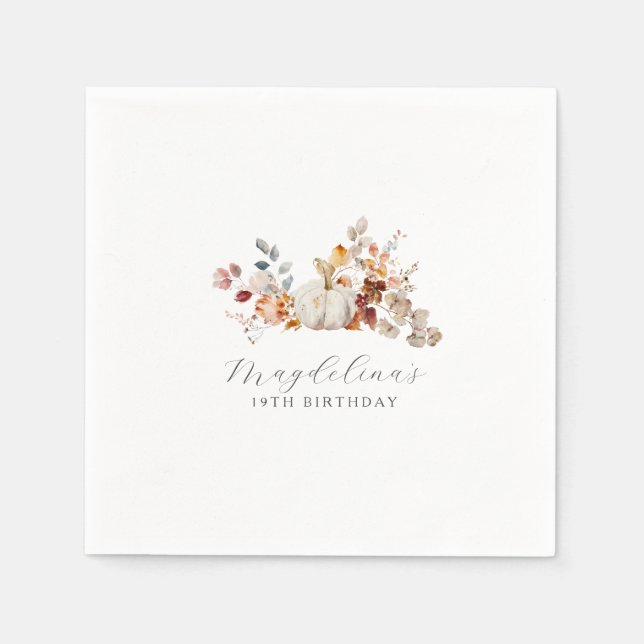 19th Birthday White Pumpkin Fall Flowers Custom Napkin (Front)