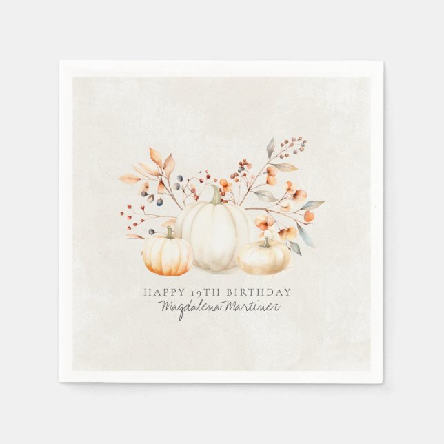 19th Birthday White Pumpkin Fall Leaves Custom Napkin (Front)