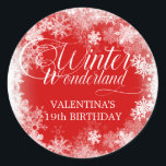 19th Birthday Winter Wonderland Snowflake Favour Classic Round Sticker<br><div class="desc">Elegant winter wonderland 19th birthday invitation features beautiful calligraphy surrounded by a lush snowflake and snow border. The snowflakes pop against the deep red background. You can actually change the background colour to any colour. Winter Wonderland can't be changed, but all of the remaining text can be edited. This item...</div>