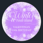 19th Birthday Winter Wonderland Snowflake Favour Classic Round Sticker<br><div class="desc">Elegant winter wonderland 19th birthday invitation features beautiful calligraphy surrounded by a lush snowflake and snow border. The snowflakes pop against the pretty soft purple background. You can actually change the background colour to any colour. Winter Wonderland can't be changed, but all of the remaining text can be edited. This...</div>