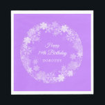 19th Birthday Winter Wonderland Snowflake Purple Napkin<br><div class="desc">Elegant Winter Wonderland 19th birthday paper napkins feature pretty script calligraphy surrounded by a lush snowflake wreath. The snowflakes pop against the pretty purple background. You can actually change the background colour to any colour. All of the text can be edited. This item is part of the Winter Wonderland Snowflake...</div>