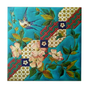 19th Century Aesthetic Longwy Bird Dogwood Repro Tile