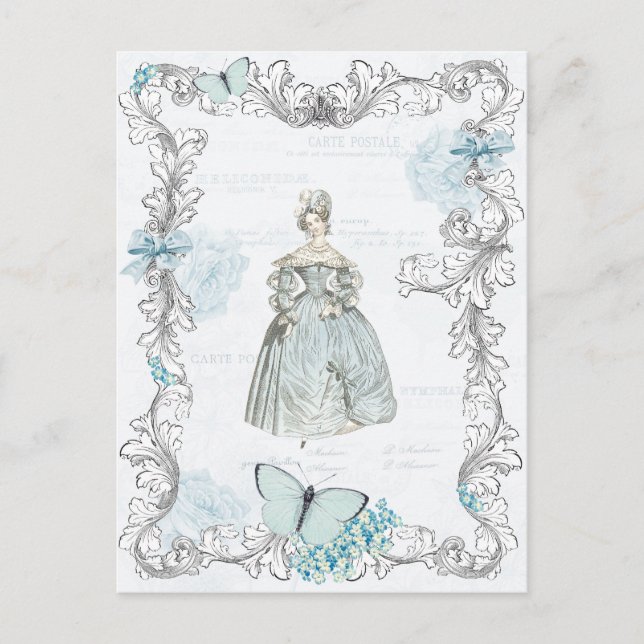 19th century fashion vintage postcard in blue (Front)