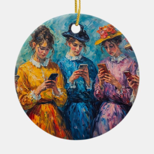 19th Century People Using Smartphones Ceramic Tree Decoration (Front)