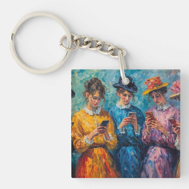 19th Century People Using Smartphones Key Ring (Front)