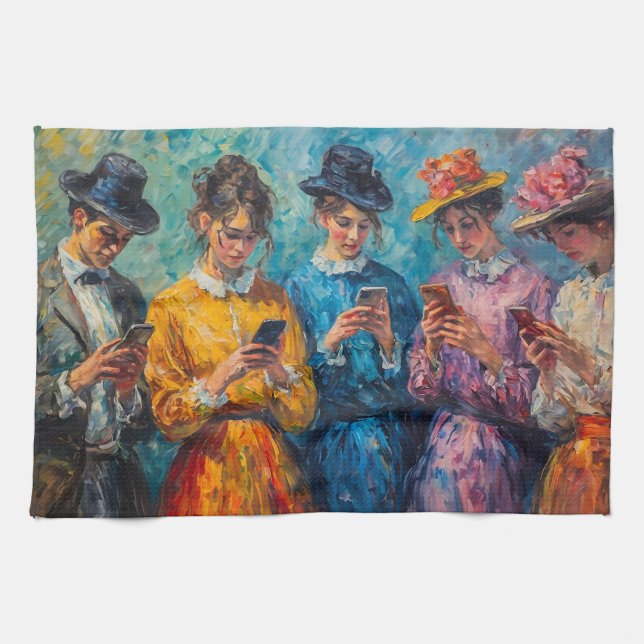 19th Century People Using Smartphones Tea Towel (Horizontal)