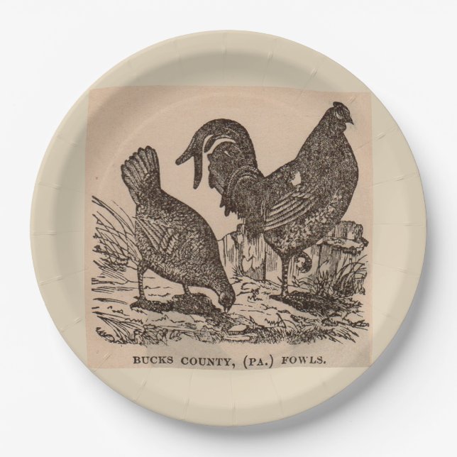 19th century print Bucks County fowls chickens Paper Plate (Front)