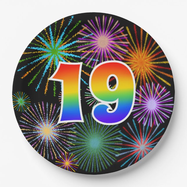 19th Event - Fun, Colourful, Bold, Rainbow 19 Paper Plate (Front)