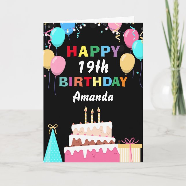 19th Happy Birthday Colourful Balloons Cake Black Card (Front)