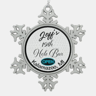 19th Hole Bar Personalised Golf Ball Design Bar Snowflake Pewter Christmas Ornament