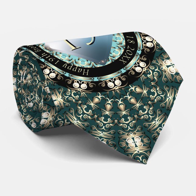 19th Wedding Anniversary Acquamarine MedallionText Tie (Rolled)