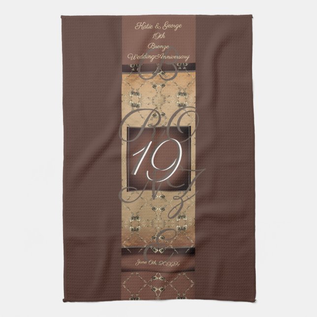 19th Wedding Anniversary Dark Bronze Tea Towel (Vertical)