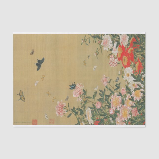 1. 芍薬群蝶図, 若冲 Flower and Butterfly, Jakuchu Tissue Paper (Front)