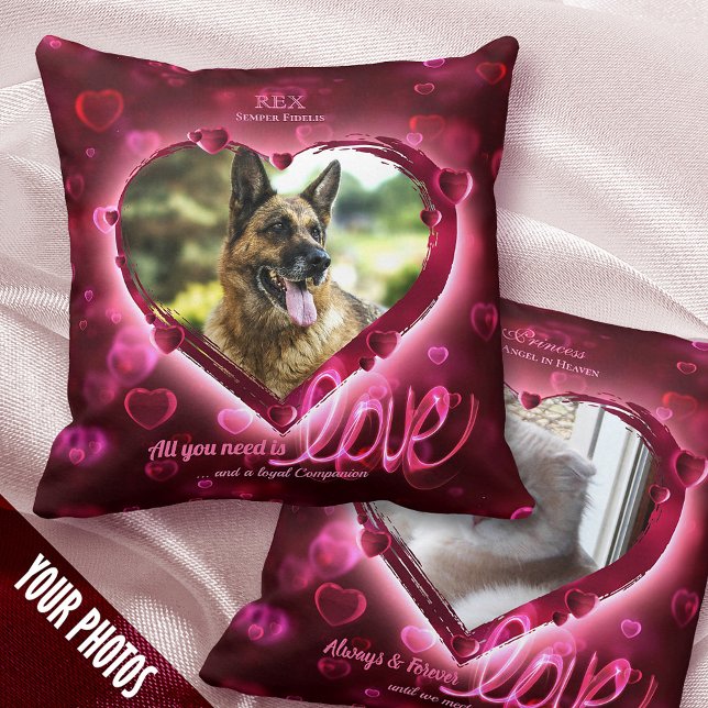 1+1 Photo Pet Love & Keepsake, Red Neon Hearts - Cushion (Creator Uploaded)