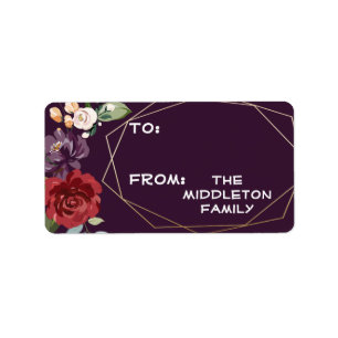1.25"x2.75" Christmas Plum Purple Roses Gold Geome Label