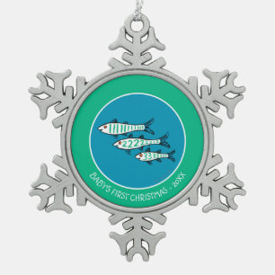 1, 2, 3 Fish with Little Fish and Coral Snowflake Pewter Christmas Ornament