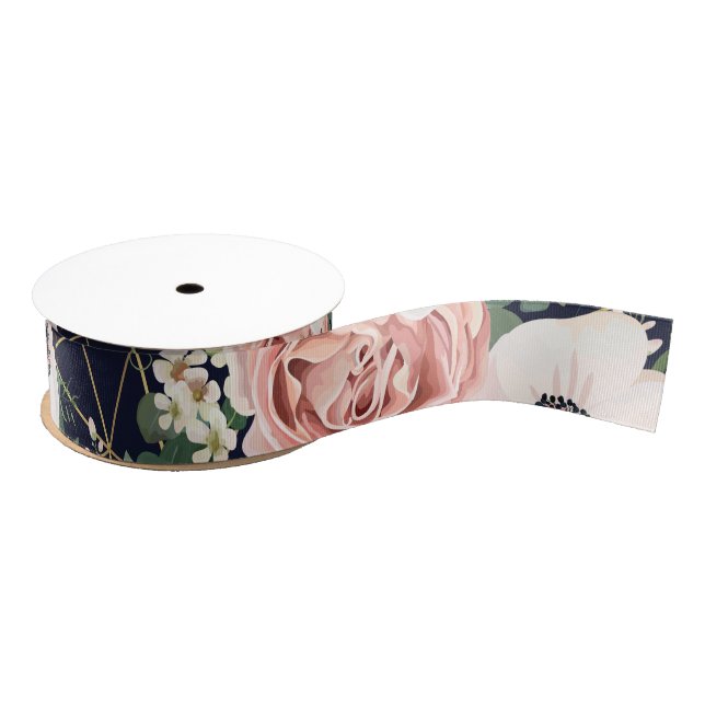 1.5" Grosgrain Ribbon Geometric Garden Rose Navy (Spool)