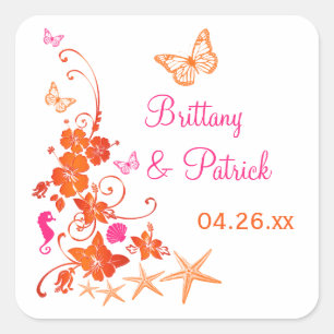 1.5" Pink, Orange, White Tropical Wedding Sticker
