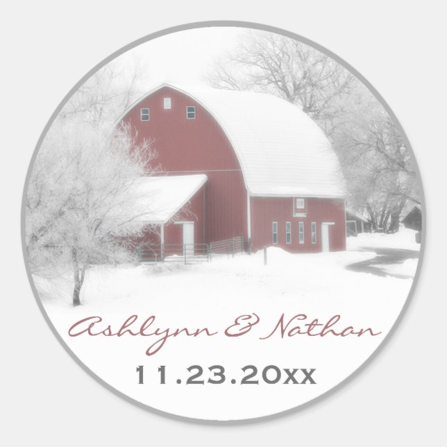 1.5" Red Barn in Winter Wedding Favour Sticker (Front)