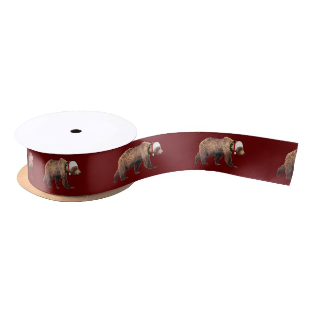 1.5" Satin Christmas ribbon of grizzly bear (Spool)