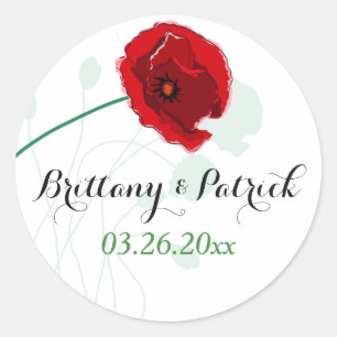 1.5" Wedding Sticker   Red Poppy   Black, Green