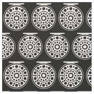 1.5" White Fly Fishing Reel Art on Black Fabric