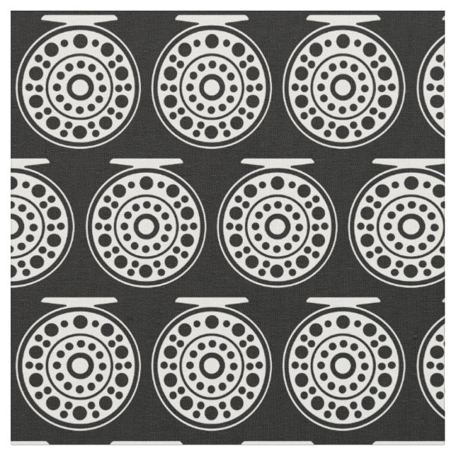 1.5" White Fly Fishing Reel Art on Black Fabric (Close Up)