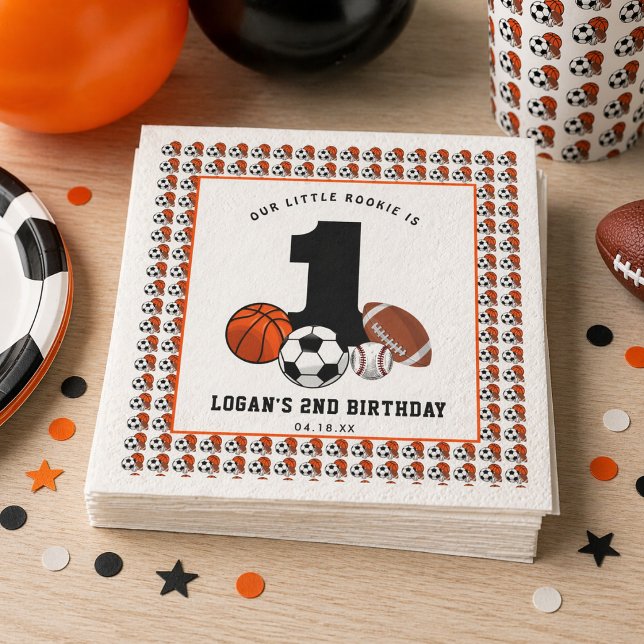 1 Ball Sports Theme Boy’s 1st Birthday Napkin (1 Ball Sports Theme Boy’s 1st Birthday Napkins)