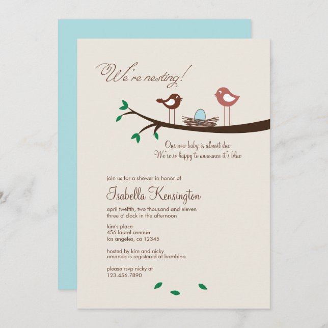 1 Blue Egg Nesting Birds Baby Shower Invitation (Front/Back)