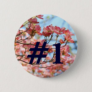 #1 Button custom Pink Dogwood Flowers Blue Sky