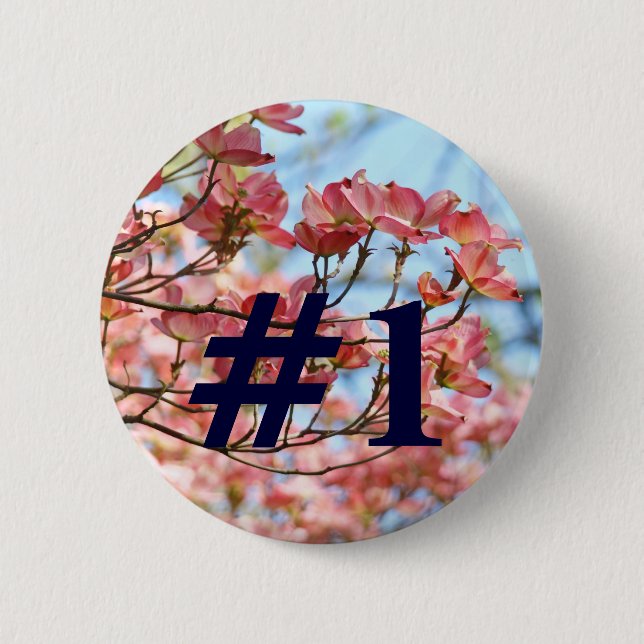 #1 Button custom Pink Dogwood Flowers Blue Sky (Front)