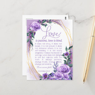 1 Cor 13:4-8 Love is Patient Lavender Floral Postcard