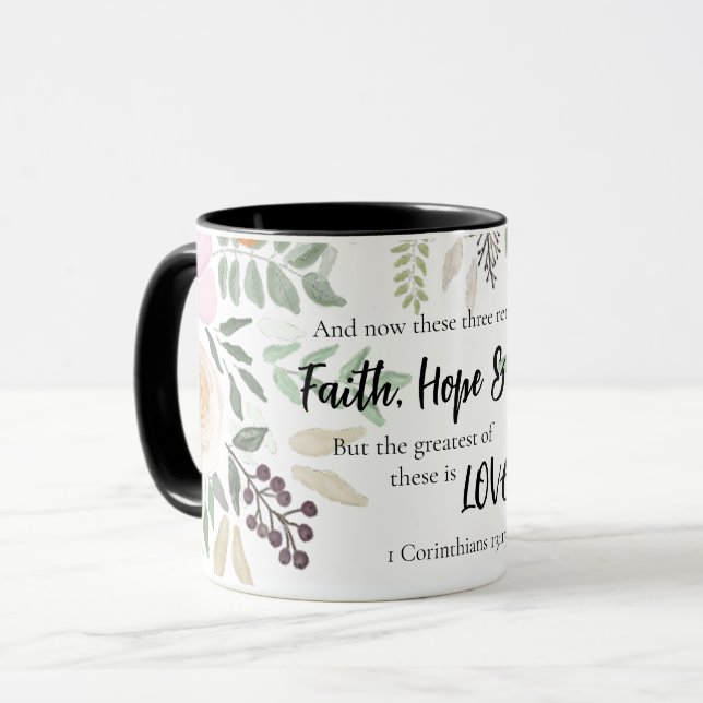 1 Corinthians 13:13 Faith Hope Love Black Floral Mug (Front Left)