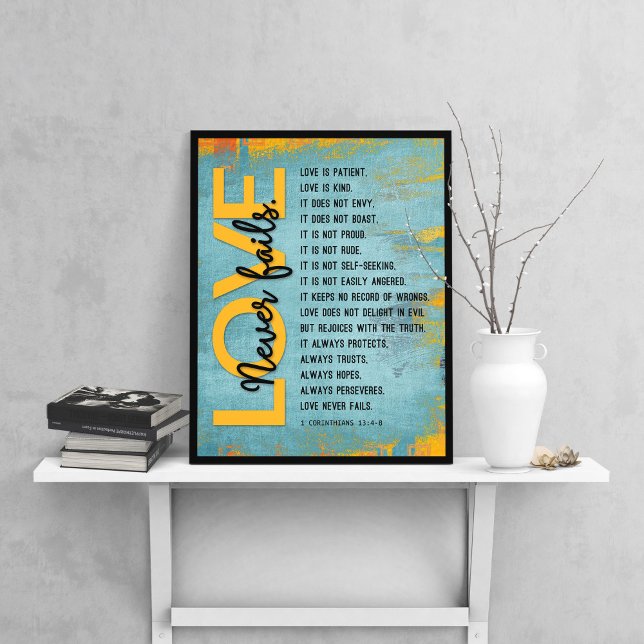 1 Corinthians 13:4-8 Bible Verse, Grunge Blue Poster (Creator Uploaded)