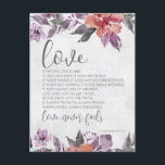 1 Corinthians 13:4-8 Floral Bible Verse Wedding Postcard<br><div class="desc">Inspirational quote scripture wedding postcard depicts an elegant floral watercolor design with peach and lavender flowers and silver leaves on a grey background. It features Bible Verses 1 Corinthians 13:4-8, "Love is patient, love is kind. It does not envy, it does not boast, it is not proud. It is not...</div>