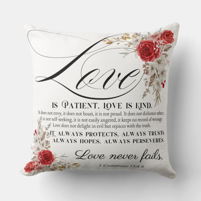 1 Corinthians 13:4-8 Love is Patient Bible Floral Cushion (Front)